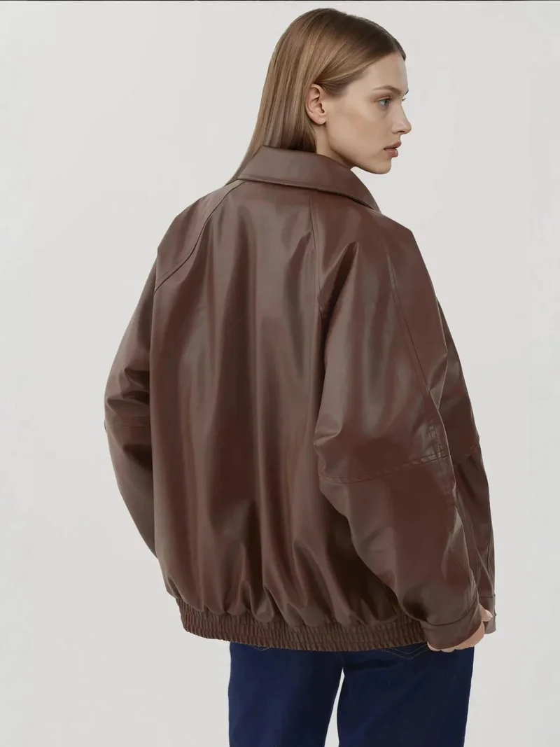 HICCUP Chestnut Brown Oversized Faux Leather Jacket with Pockets for Women | Best Price UAE