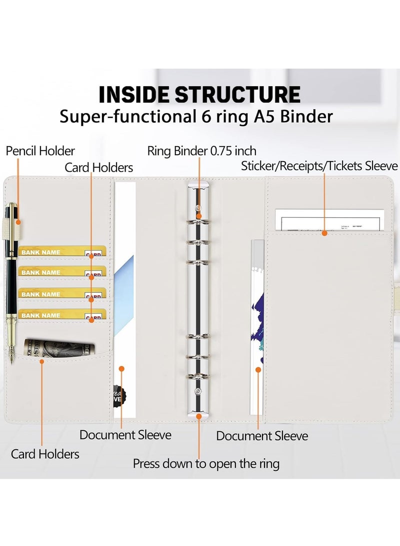 Barakah مجلد A5، مجلد جلد A5، مجلد 6 حلقات، دفاتر تخطيط محفظة مع غلاف مستندات / حامل بطاقات / حامل أقلام لورق A5 (بدون ورق) رخام - Image 5