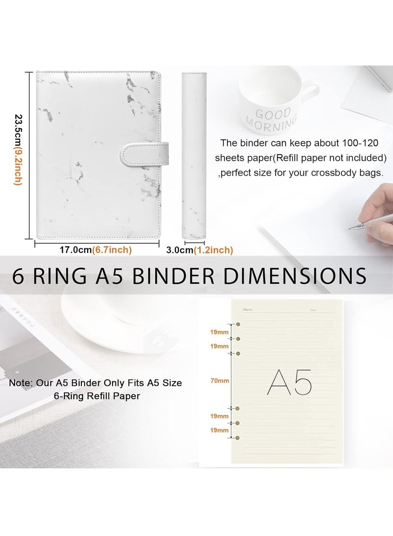 Barakah مجلد A5، مجلد جلد A5، مجلد 6 حلقات، دفاتر تخطيط محفظة مع غلاف مستندات / حامل بطاقات / حامل أقلام لورق A5 (بدون ورق) رخام - Image 4