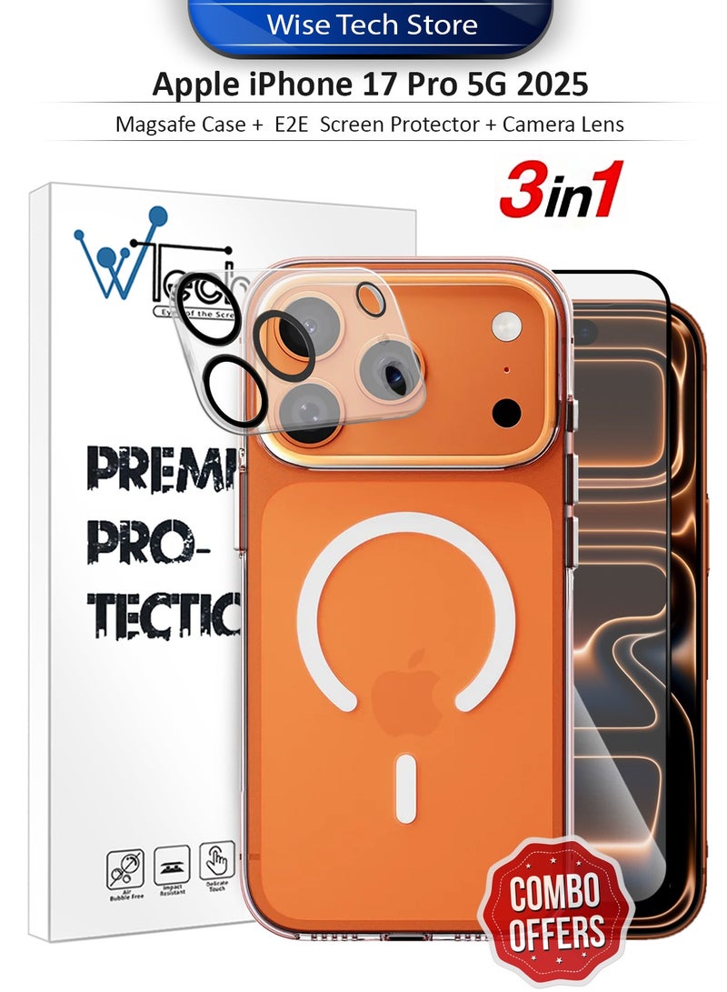 Wtech Apple iPhone 17 Pro 5G 2025 3 in 1 Protection Pack Ultra Clear Shockproof Magsafe Case, E2E Glass Screen Protector and Camera Lens Protector 360 Protection, Easy Installation - Clear/Black - Image 1