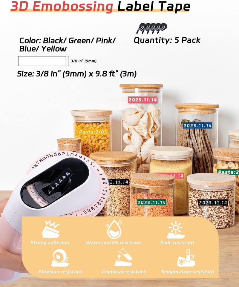Memoking 3D E975 Embossed Label Tape 3/8"(9mm) - Plastic Self-Adhesive Embossing Label, Compatible with Phomemo, Dymo Omega, DYMO Junior, VolenGo Embossing Label Maker, Multicolor (5 Pack) - Image 2