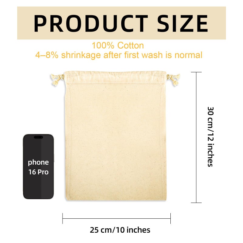 OKBA 12 Pack Cotton Muslin Drawstring Bags â€“ Reusable Cloth Bags for Storage, Produce & Bread Storage, Gift Packaging, DIY Crafts, Eco-Friendly & Lightweight (10x12 inch) - Image 2