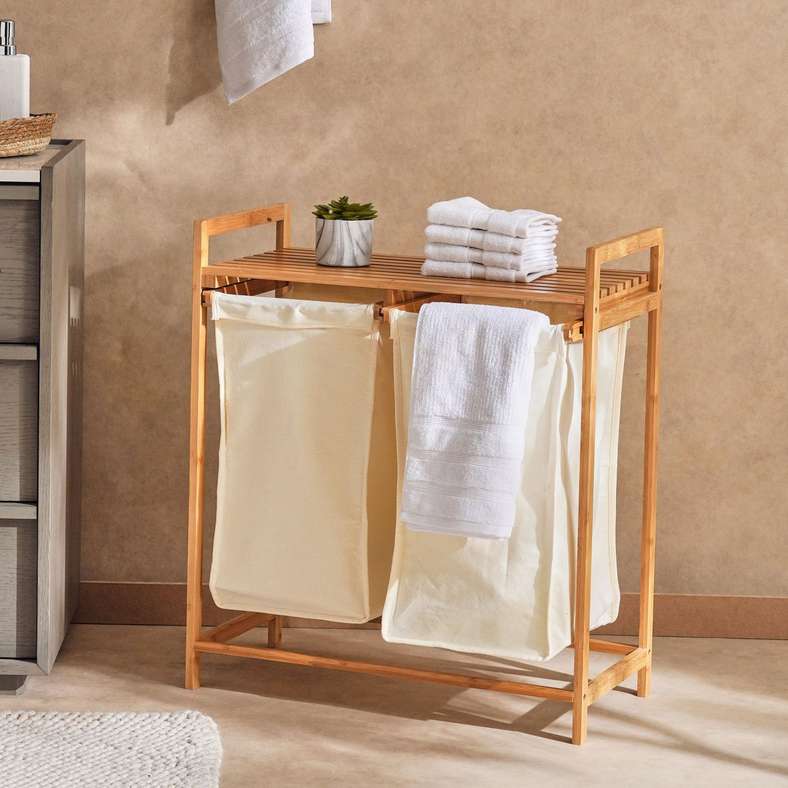 Pan Home سلة غسيل بإطار من الخيزران الطبيعي