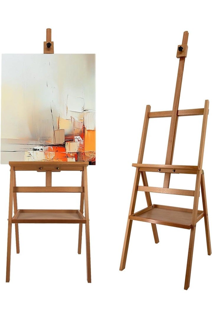 L&E HELEE Large Solid Beech Wood Painting Easel with Storage Tray (60"~75" H), H-Frame Foldable Wooden Easel Stand with Signature Box for Adults and Students, up to 36'' - Image 1