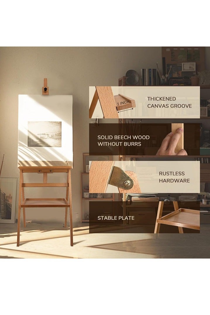 L&E HELEE Large Solid Beech Wood Painting Easel with Storage Tray (60"~75" H), H-Frame Foldable Wooden Easel Stand with Signature Box for Adults and Students, up to 36'' - Image 5