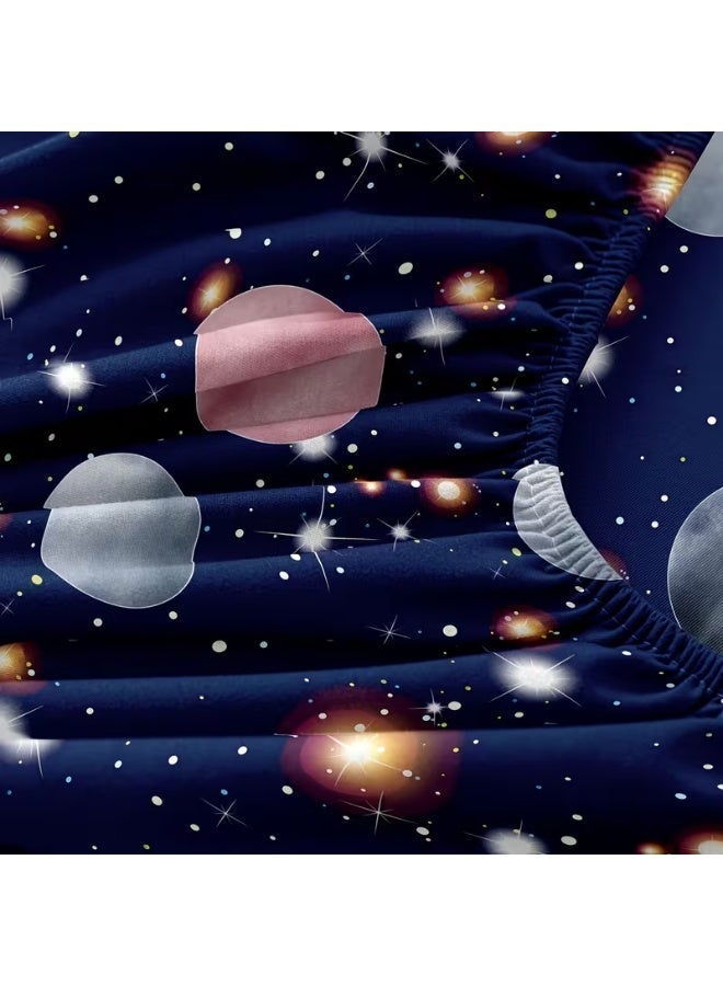 Eworld 3-Piece Fitted Bedsheet Set, Galaxy Print, 100% Cotton, 125 GSM, 1 Fitted Sheet + 2 Pillowcases, Soft & Breathable Bedding Set - Image 3