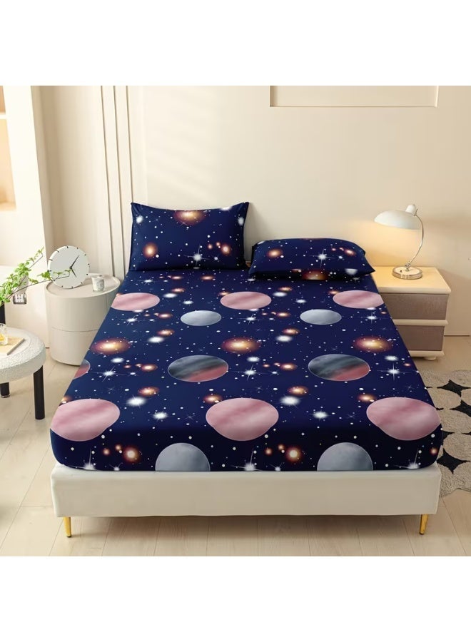 Eworld 3-Piece Fitted Bedsheet Set, Galaxy Print, 100% Cotton, 125 GSM, 1 Fitted Sheet + 2 Pillowcases, Soft & Breathable Bedding Set - Image 4