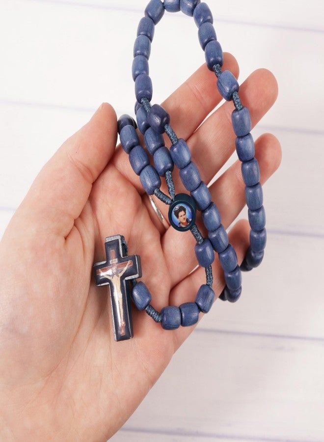 Needzo Carlo Acutis Blue Wooden Rosary, Patron Saint of the Internet Centerpiece, Catholic Devotional Gift, 16.5 Inches - Image 3