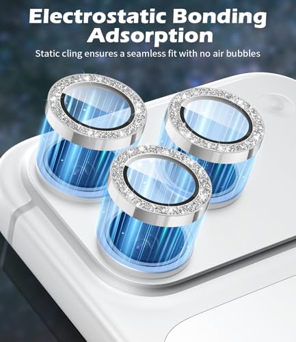imluckies Camera Lens Protector for iPhone 17 Pro/iPhone 17 Pro Max, AR+AF Tempered Glass & 9H Hardness Shatterproof, HD Clear Metal Sparkle Lens Cover with Installation Tray 2025, Bling Sliver - Image 2