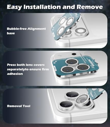 imluckies Camera Lens Protector for iPhone 17 Pro/iPhone 17 Pro Max, AR+AF Tempered Glass & 9H Hardness Shatterproof, HD Clear Metal Sparkle Lens Cover with Installation Tray 2025, Bling Sliver - Image 5