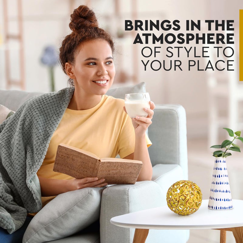 Everydecor كرة زخرفية معدنية من Everydecor لديكور المنزل - كرات زخرفية حديثة مرسومة يدويًا باللون الأصفر الفاخر لغرفة المعيشة وغرفة النوم والمطبخ والحمام والمكتب - الأجرام السماوية المزخرفة للطاولة للقطعة المركزية - Image 2