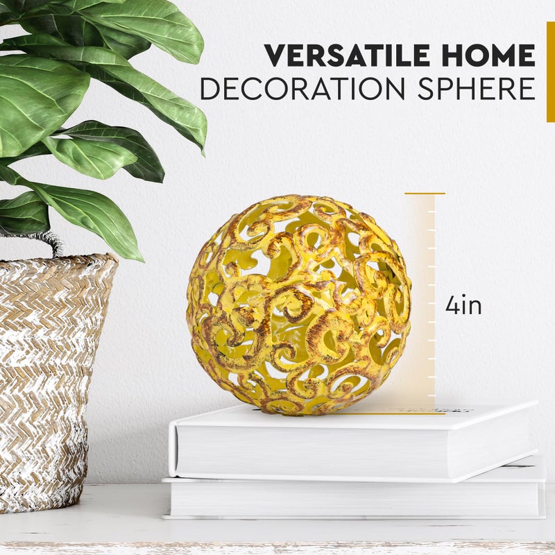Everydecor كرة زخرفية معدنية من Everydecor لديكور المنزل - كرات زخرفية حديثة مرسومة يدويًا باللون الأصفر الفاخر لغرفة المعيشة وغرفة النوم والمطبخ والحمام والمكتب - الأجرام السماوية المزخرفة للطاولة للقطعة المركزية - Image 3
