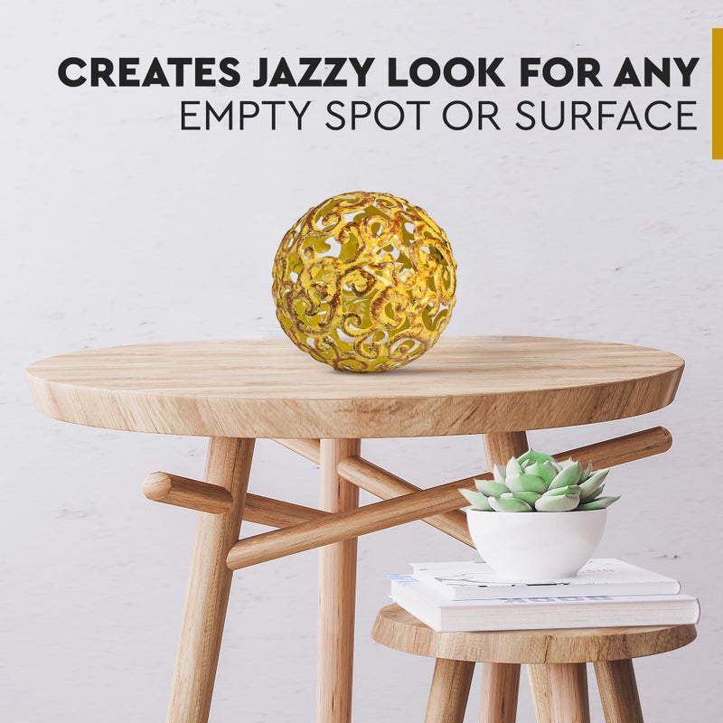 Everydecor كرة زخرفية معدنية من Everydecor لديكور المنزل - كرات زخرفية حديثة مرسومة يدويًا باللون الأصفر الفاخر لغرفة المعيشة وغرفة النوم والمطبخ والحمام والمكتب - الأجرام السماوية المزخرفة للطاولة للقطعة المركزية - Image 4