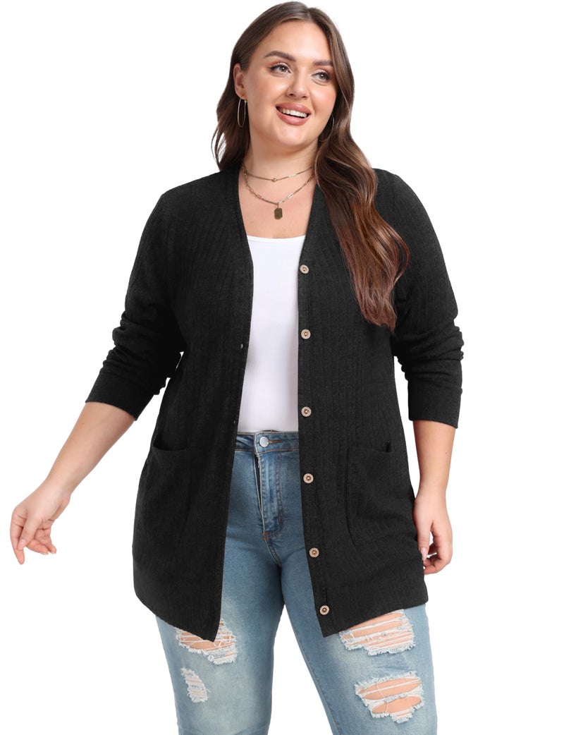 OLRIK Plus Size Winter Clothes for Women Open Front Button Down Casual Sweater Cardigan Black-3X - Image 2