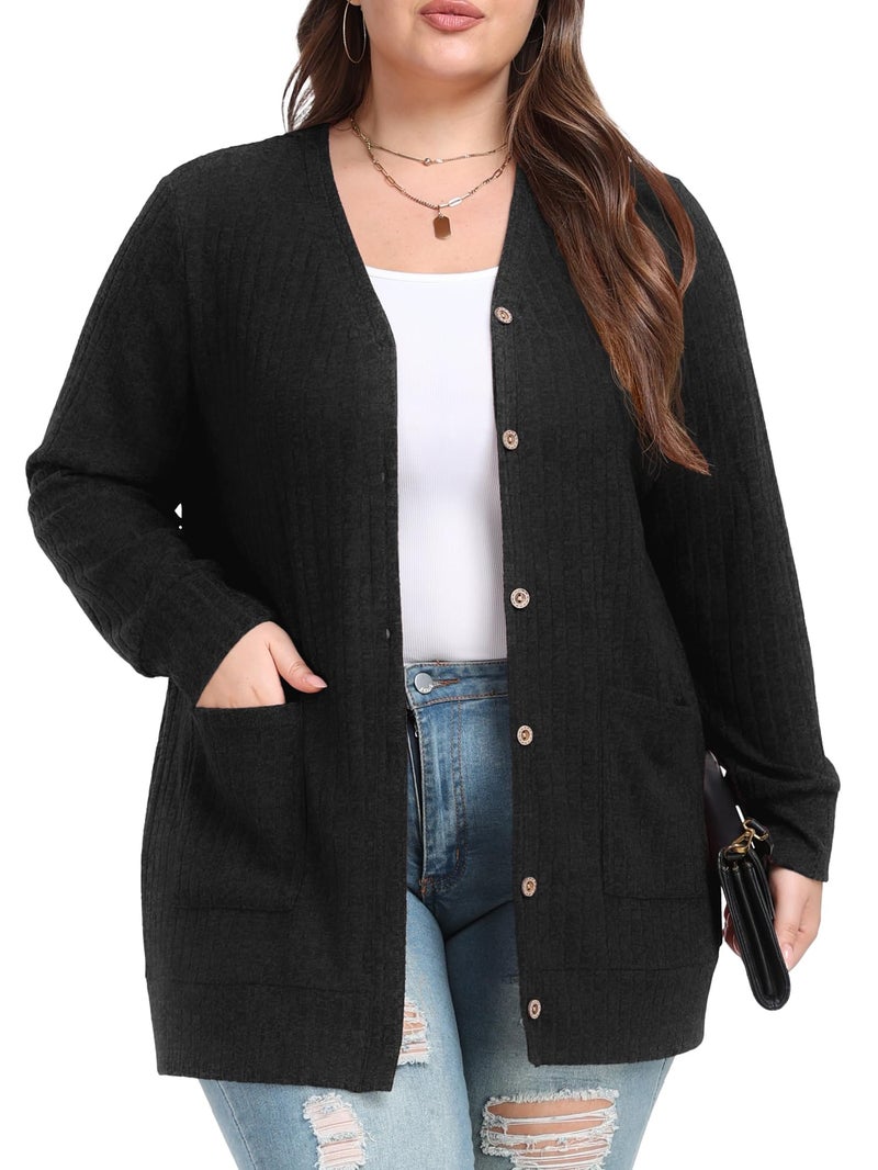 OLRIK Plus Size Winter Clothes for Women Open Front Button Down Casual Sweater Cardigan Black-3X - Image 1
