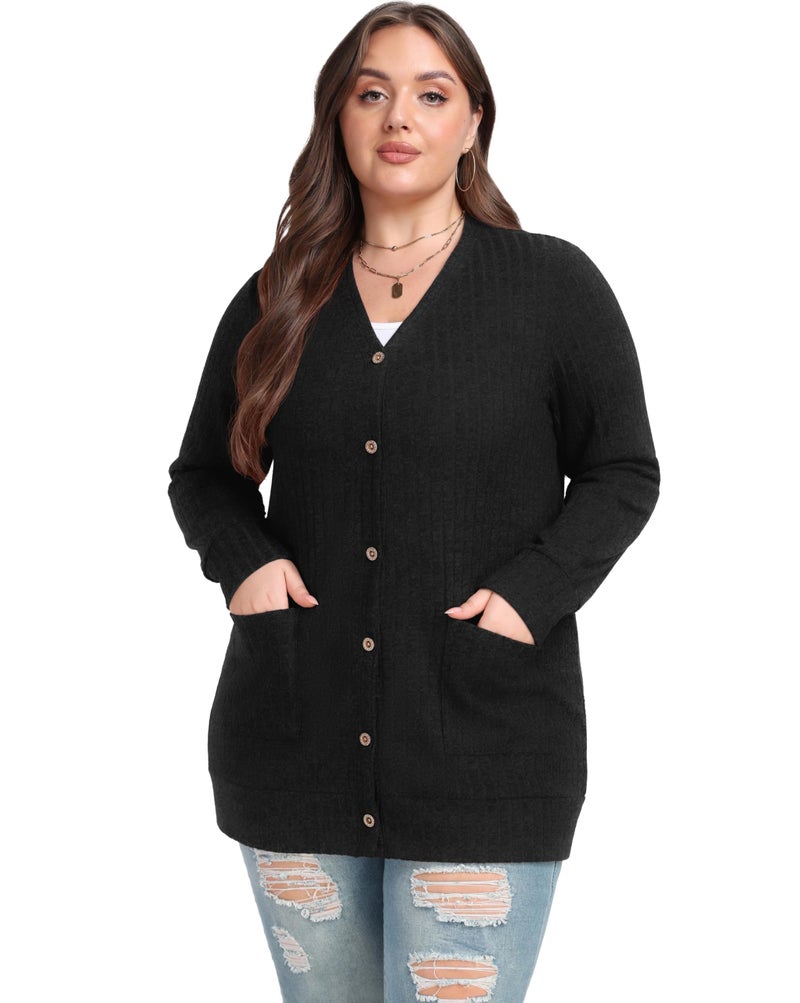 OLRIK Plus Size Winter Clothes for Women Open Front Button Down Casual Sweater Cardigan Black-3X - Image 4