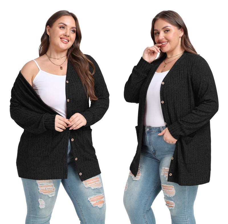 OLRIK Plus Size Winter Clothes for Women Open Front Button Down Casual Sweater Cardigan Black-3X - Image 3