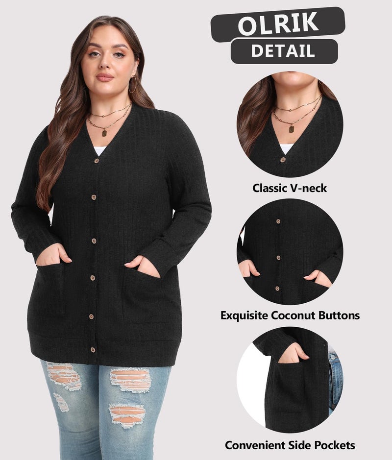 OLRIK Plus Size Winter Clothes for Women Open Front Button Down Casual Sweater Cardigan Black-3X - Image 5