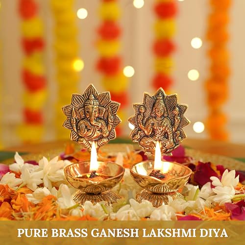 Behoma 100% Pure Brass Lakshmi Ganesh Diya for Puja | Laxmi Ganesh Samridhi Deepak for Pooja Room, Tample, Mandir, Office, Deep for Home Decoration - Image 2