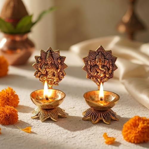 Behoma 100% Pure Brass Lakshmi Ganesh Diya for Puja | Laxmi Ganesh Samridhi Deepak for Pooja Room, Tample, Mandir, Office, Deep for Home Decoration - Image 3