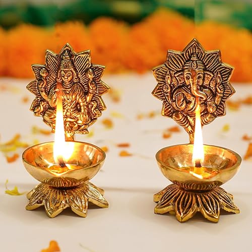 Behoma 100% Pure Brass Lakshmi Ganesh Diya for Puja | Laxmi Ganesh Samridhi Deepak for Pooja Room, Tample, Mandir, Office, Deep for Home Decoration - Image 1
