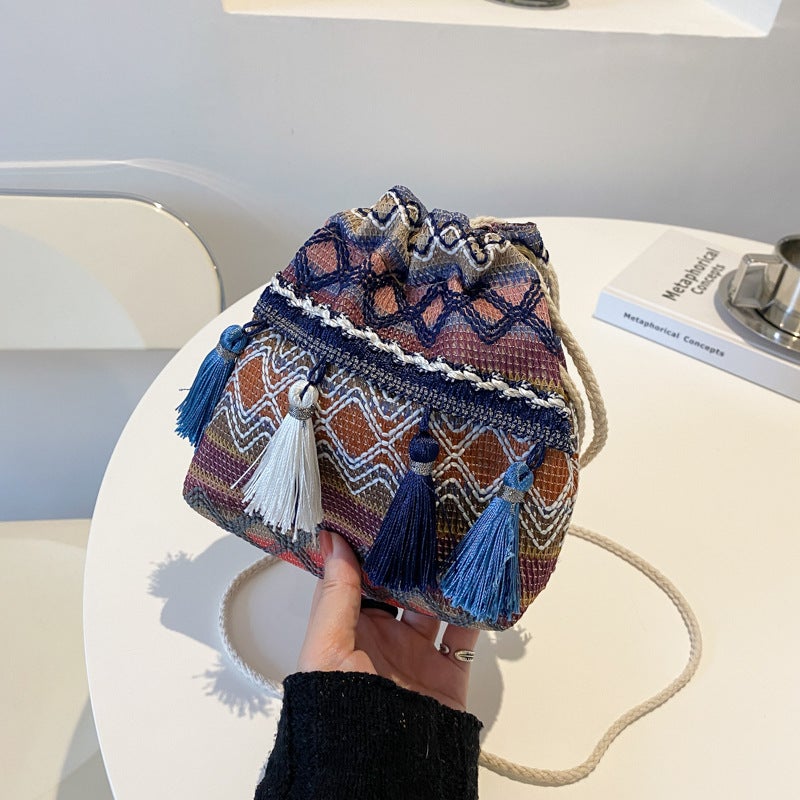 Ethnic-Style Canvas Embroidery Striped Tassel Drawstring Bucket Bag Yunnan Retro All-Match Shoulder Crossbody Small Bag For Women - Image 4