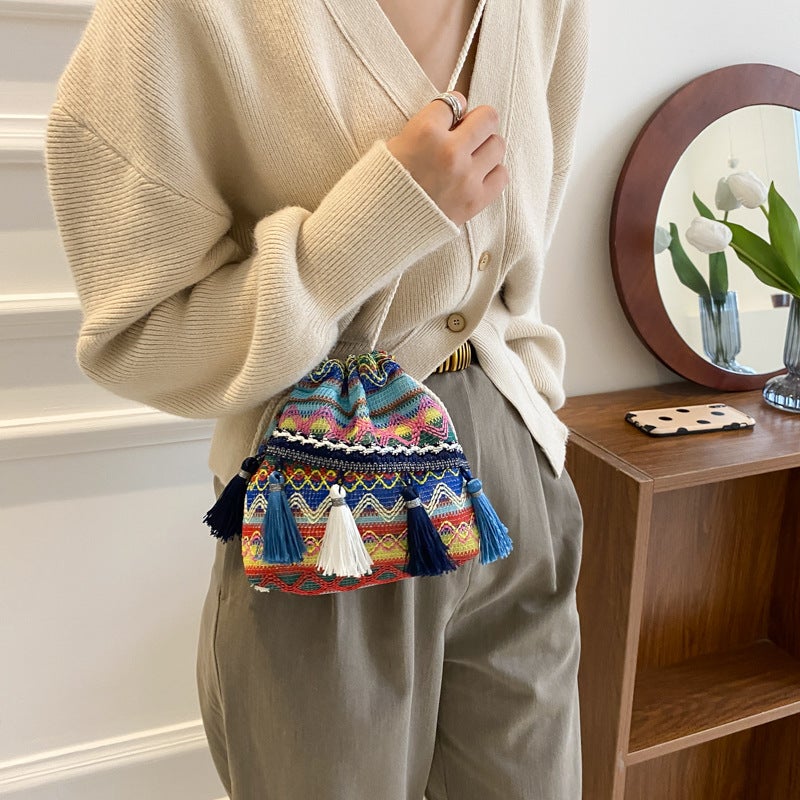 Ethnic-Style Canvas Embroidery Striped Tassel Drawstring Bucket Bag Yunnan Retro All-Match Shoulder Crossbody Small Bag For Women - Image 2