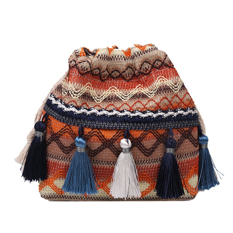 Ethnic-Style Canvas Embroidery Striped Tassel Drawstring Bucket Bag Yunnan Retro All-Match Shoulder Crossbody Small Bag For Women - Image 1