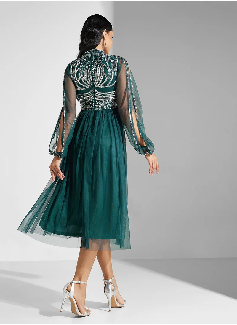 Amelia Rose Embellished Mesh Detailed Dress