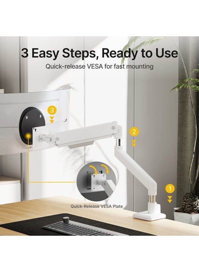 Montek Single Monitor Arm for Max 45 Inch Ultrawide Screens Adjustable Monitor Desk Mount Holds 35 Lbs Cable Management with C Clamp/Grommet Desk Mount, VESA 75/100mm, MA1007WH - Image 4