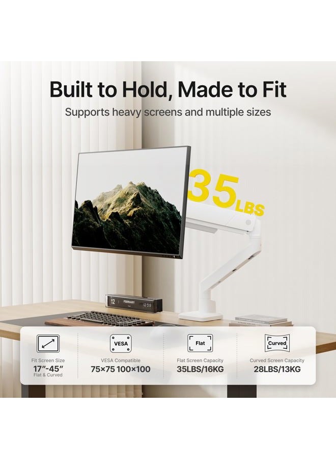 Montek Single Monitor Arm for Max 45 Inch Ultrawide Screens Adjustable Monitor Desk Mount Holds 35 Lbs Cable Management with C Clamp/Grommet Desk Mount, VESA 75/100mm, MA1007WH - Image 3