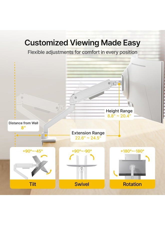 Montek Single Monitor Arm for Max 45 Inch Ultrawide Screens Adjustable Monitor Desk Mount Holds 35 Lbs Cable Management with C Clamp/Grommet Desk Mount, VESA 75/100mm, MA1007WH - Image 2