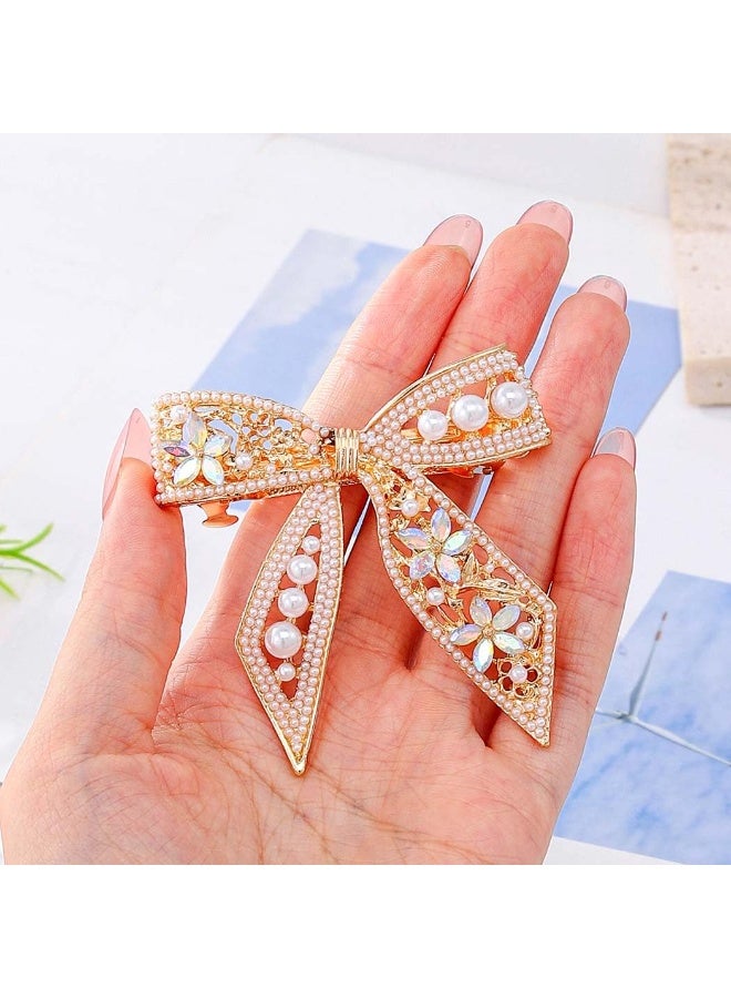 Goolsky [Sophisticated Bow Hair Clip Gemstones] Elegant Golden-Tone Crystal & Pearl Bow Hair Clip - Sophisticated Alloy Spring Clip with Colorful Gemstones for Chic Half-Up Hairstyles - Image 2
