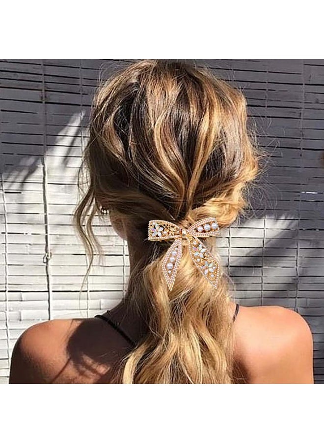 Goolsky [Sophisticated Bow Hair Clip Gemstones] Elegant Golden-Tone Crystal & Pearl Bow Hair Clip - Sophisticated Alloy Spring Clip with Colorful Gemstones for Chic Half-Up Hairstyles - Image 3