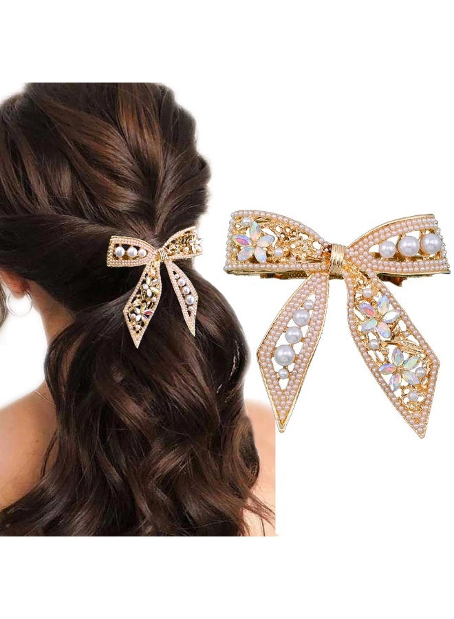 Goolsky [Sophisticated Bow Hair Clip Gemstones] Elegant Golden-Tone Crystal & Pearl Bow Hair Clip - Sophisticated Alloy Spring Clip with Colorful Gemstones for Chic Half-Up Hairstyles - Image 1