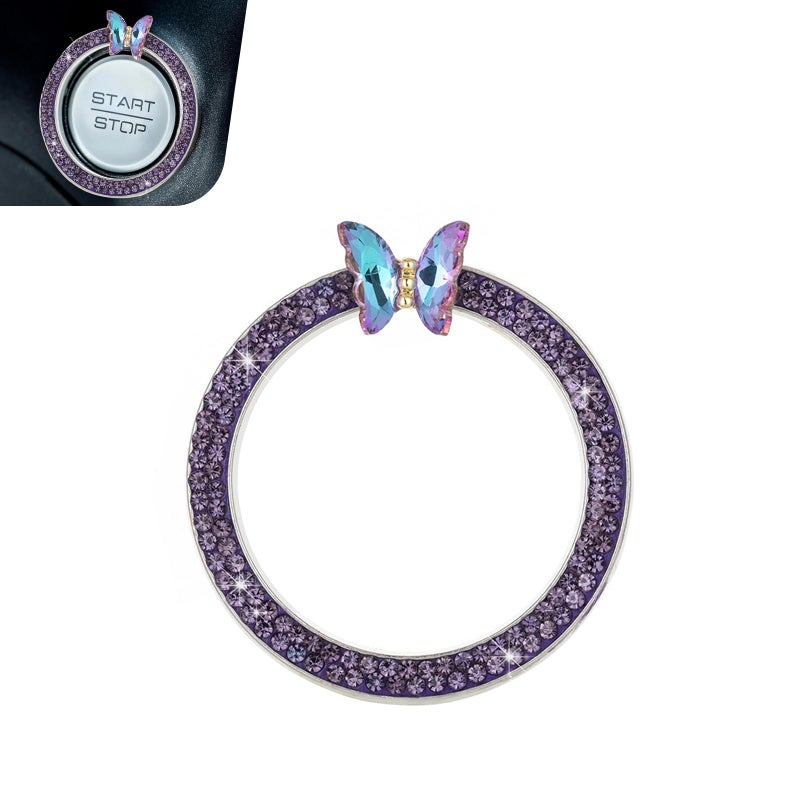 Zikefest Bling Car Engine Start Stop Decoration Ring, Crystal Rhinestone Butterfly Ring for Car Button Ring, Car Interior Accessories for Women, Push to Start Button Cover Decoration(Purple) - Image 1