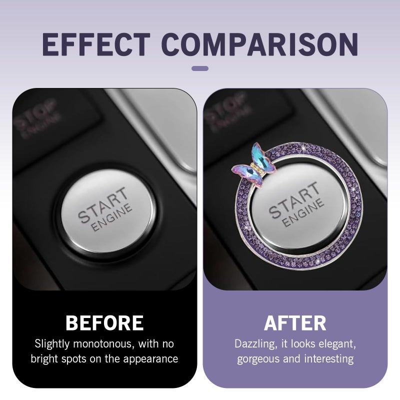 Zikefest Bling Car Engine Start Stop Decoration Ring, Crystal Rhinestone Butterfly Ring for Car Button Ring, Car Interior Accessories for Women, Push to Start Button Cover Decoration(Purple) - Image 4
