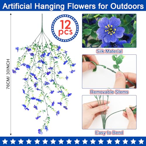 FineCheer 12 Pcs Artificial Hanging Flowers for Outdoor Spring Decoration Fake Hanging Plants Outside Fake Silk Flower Violets with Eucalyptus Realistic UV Resistant Trailing Vines Porch Yard Classic - Image 2
