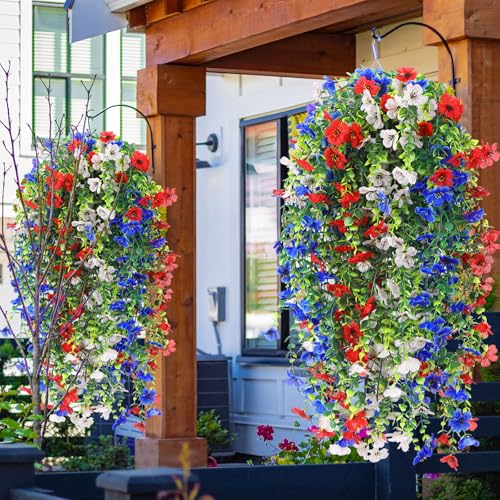 FineCheer 12 Pcs Artificial Hanging Flowers for Outdoor Spring Decoration Fake Hanging Plants Outside Fake Silk Flower Violets with Eucalyptus Realistic UV Resistant Trailing Vines Porch Yard Classic - Image 3