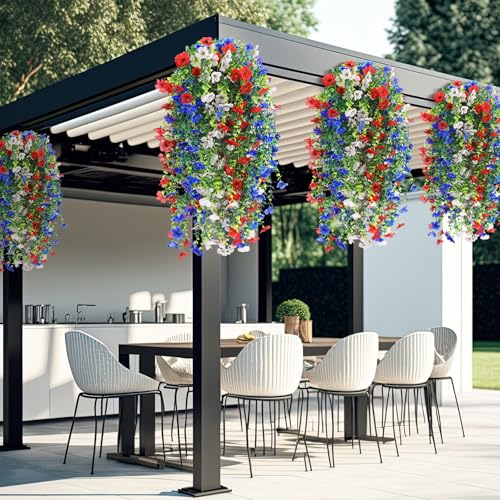 FineCheer 12 Pcs Artificial Hanging Flowers for Outdoor Spring Decoration Fake Hanging Plants Outside Fake Silk Flower Violets with Eucalyptus Realistic UV Resistant Trailing Vines Porch Yard Classic - Image 5