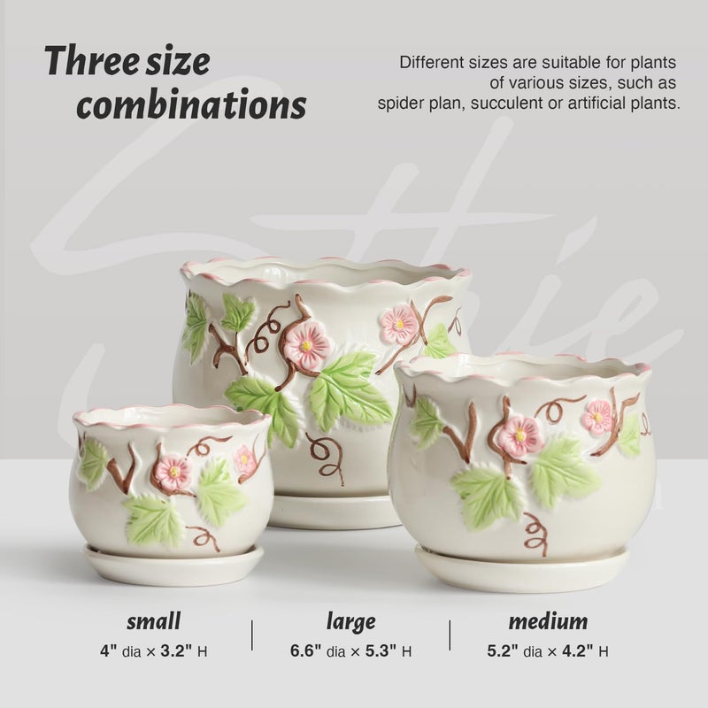 STHIE Ceramic Plant Pots with Drainage Holes and Saucers, Round Flower Pots for Indoor Plant, 4/5.2/6.6 Inches Vintage Flower Planters Set of 3 - Image 4