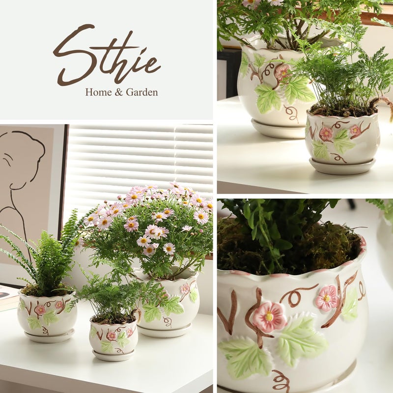 STHIE Ceramic Plant Pots with Drainage Holes and Saucers, Round Flower Pots for Indoor Plant, 4/5.2/6.6 Inches Vintage Flower Planters Set of 3 - Image 3