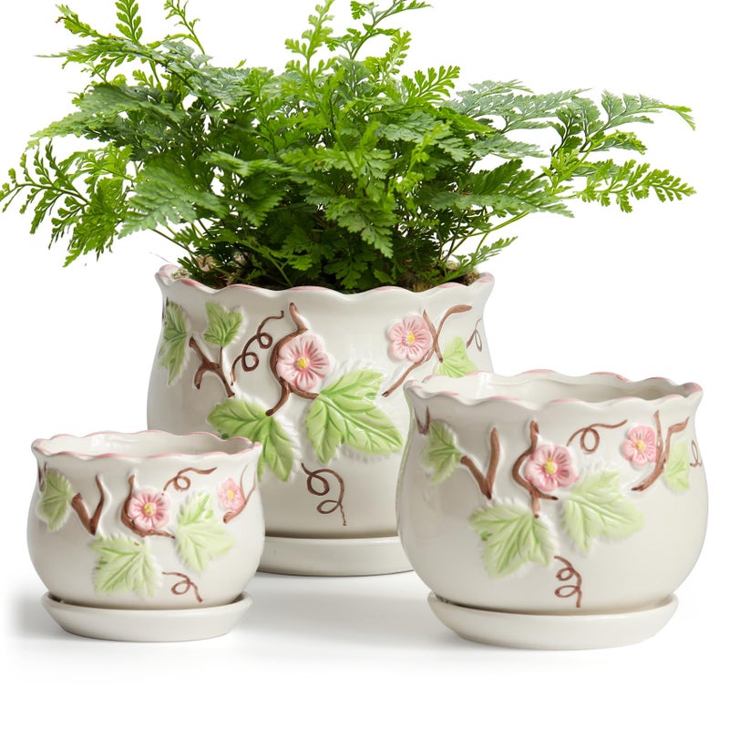 STHIE Ceramic Plant Pots with Drainage Holes and Saucers, Round Flower Pots for Indoor Plant, 4/5.2/6.6 Inches Vintage Flower Planters Set of 3 - Image 1