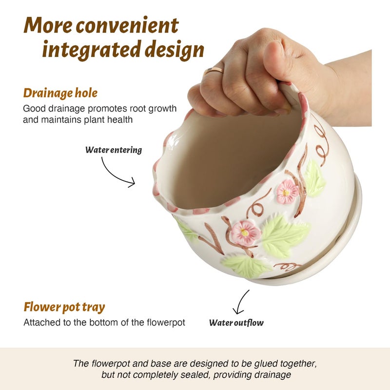 STHIE Ceramic Plant Pots with Drainage Holes and Saucers, Round Flower Pots for Indoor Plant, 4/5.2/6.6 Inches Vintage Flower Planters Set of 3 - Image 5