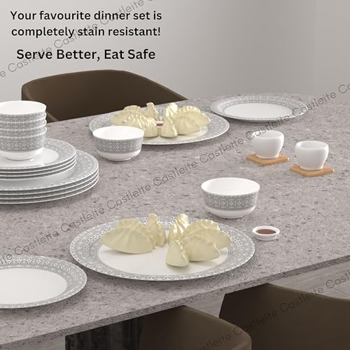 Castleite Piccolo Melamine Dinner Set - Elegant, Break & Stain Resistant, Designer Crockery Dinnerware in Exclusive Edgy Square Shape for Your own Home Kitchen (Ivory Bloom, Dinner Set 18 Pcs) - Image 4
