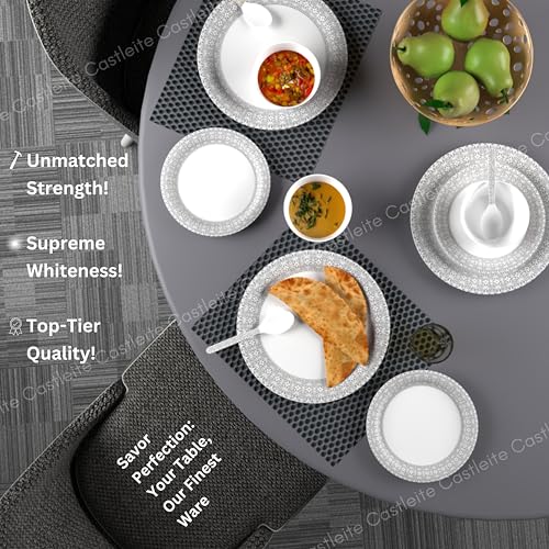 Castleite Piccolo Melamine Dinner Set - Elegant, Break & Stain Resistant, Designer Crockery Dinnerware in Exclusive Edgy Square Shape for Your own Home Kitchen (Ivory Bloom, Dinner Set 18 Pcs) - Image 5