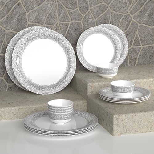 Castleite Piccolo Melamine Dinner Set - Elegant, Break & Stain Resistant, Designer Crockery Dinnerware in Exclusive Edgy Square Shape for Your own Home Kitchen (Ivory Bloom, Dinner Set 18 Pcs) - Image 1