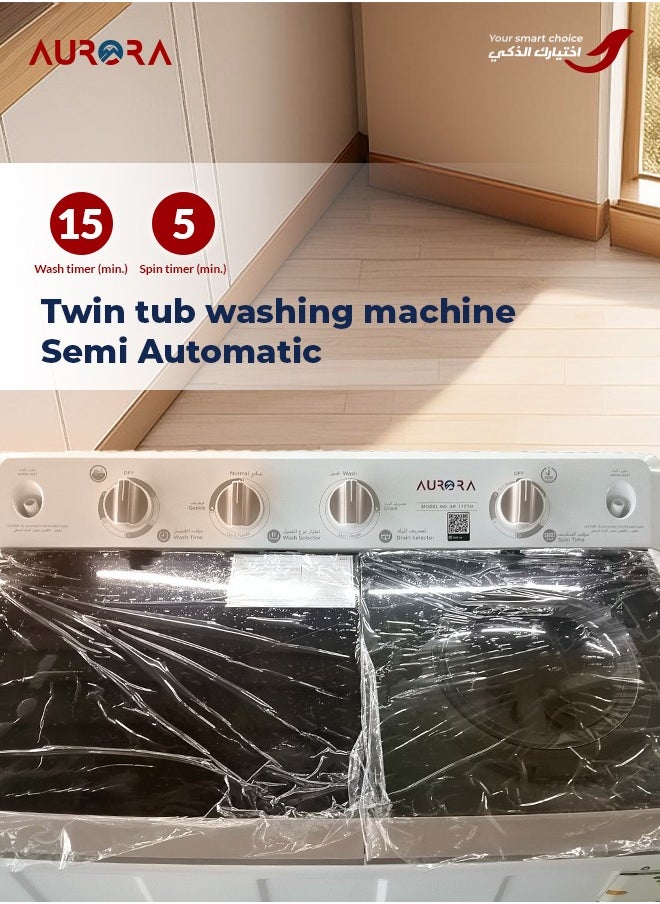 AURORA - 10 KG Twin Tub Semi-Automatic Washing Machine, Durable Plastic, Lightweight for Easy Mobility, User-Friendly Operation, White Color | Model Name: AR-11TTH - Image 1