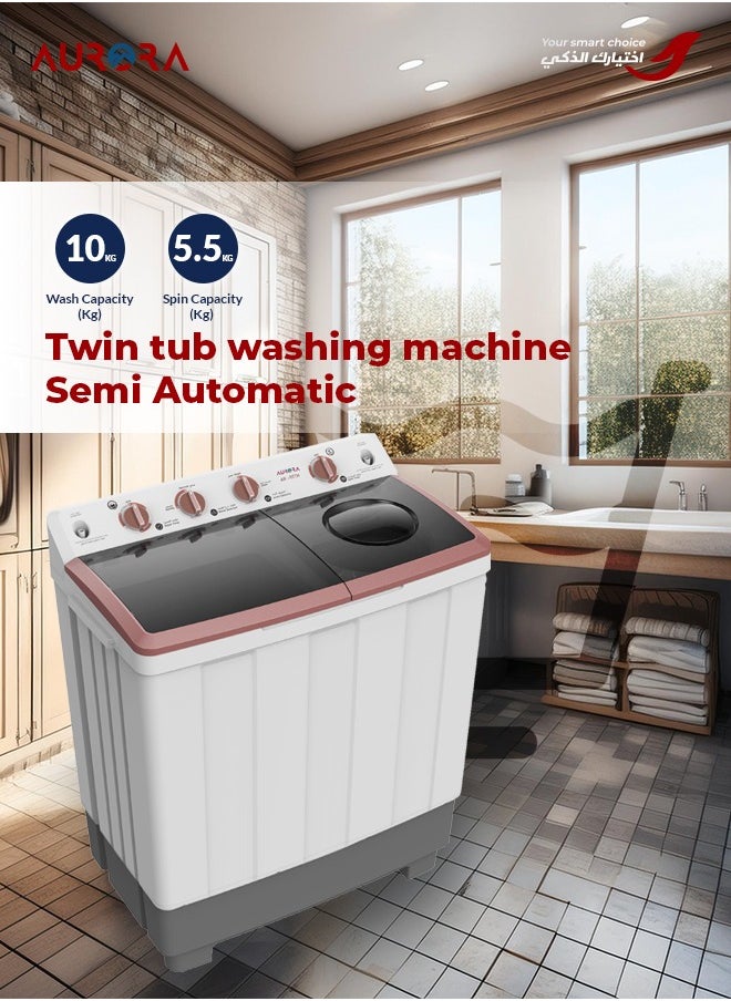 AURORA - 10 KG Twin Tub Semi-Automatic Washing Machine, Durable Plastic, Lightweight for Easy Mobility, User-Friendly Operation, White Color | Model Name: AR-11TTH - Image 1