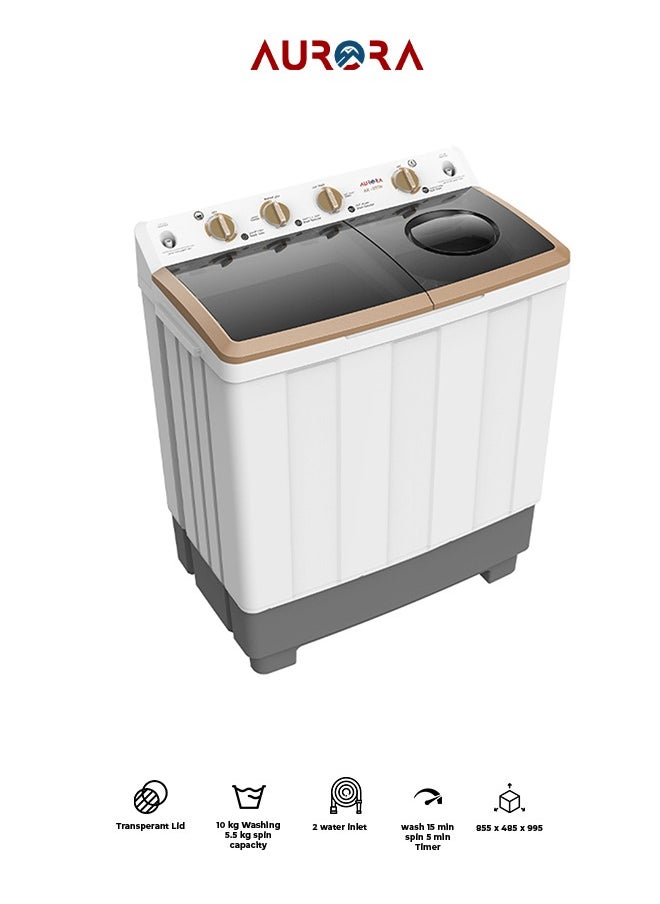 AURORA - 10 KG Twin Tub Semi-Automatic Washing Machine, Durable Plastic, Lightweight for Easy Mobility, User-Friendly Operation, White Color | Model Name: AR-11TTH - Image 1